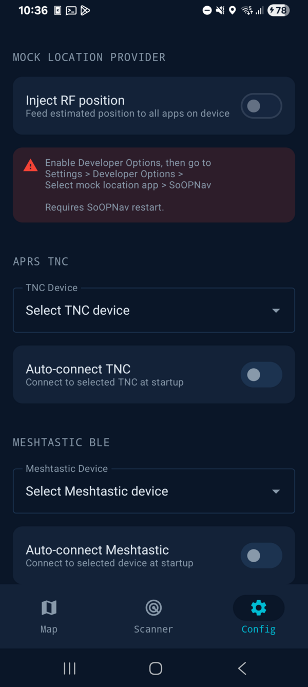 SoOPNav config tab: mock location provider, APRS TNC, Meshtastic BLE, SDR driver, and LEO satellite TLE settings.