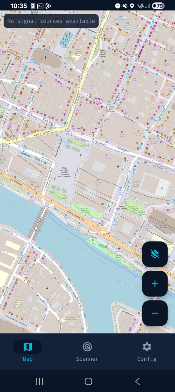 SoOPNav map tab: detected signal sources plotted over a street map with layer and zoom controls.