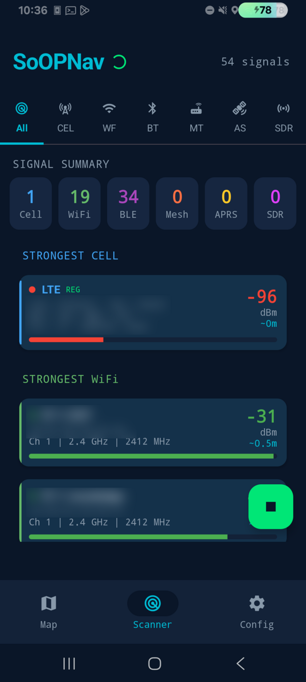 SoOPNav scanner tab: real-time signal acquisition showing cell, WiFi, and BLE counts with strongest-source cards and RSSI readouts.